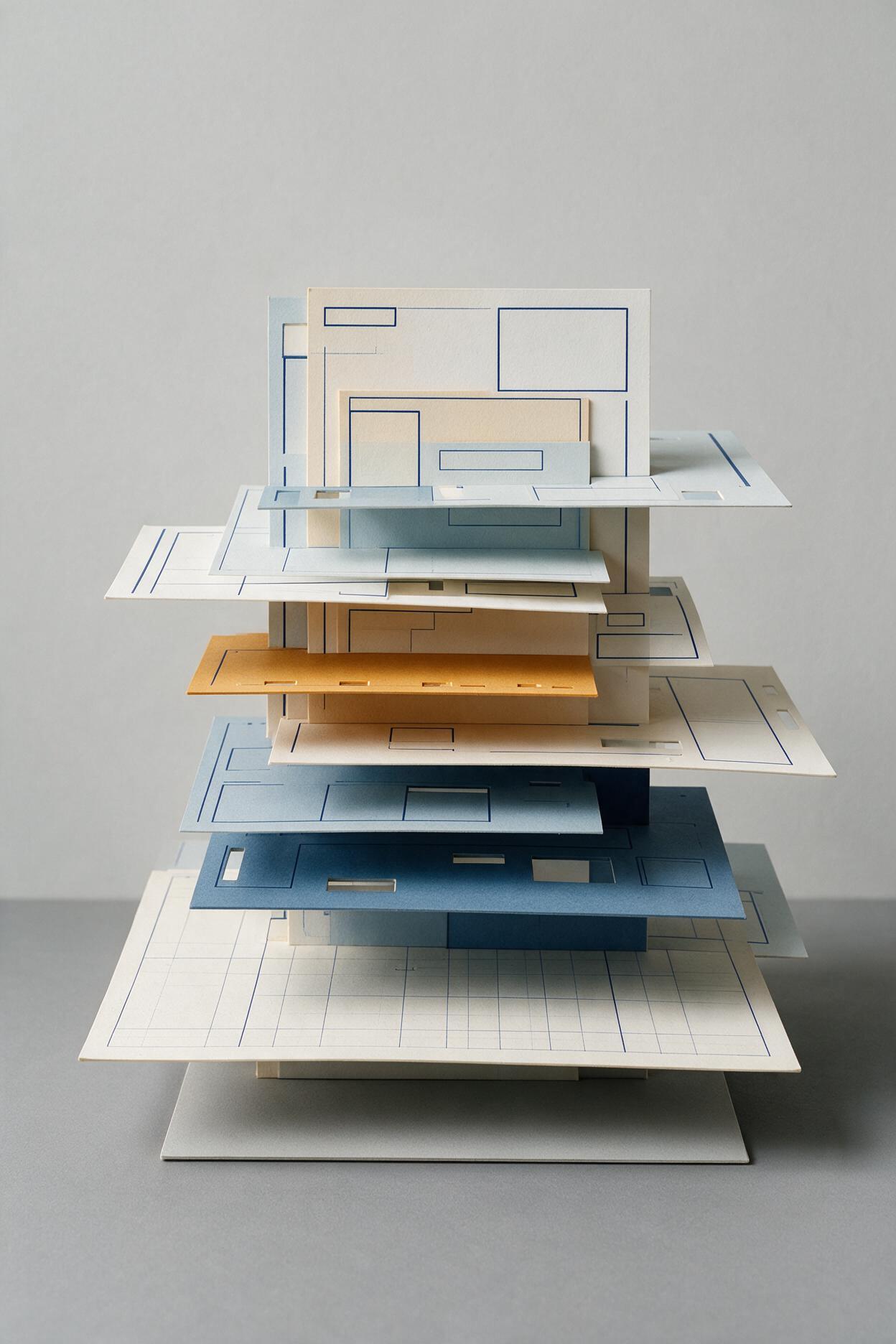 Capas abstractas de formularios y módulos en una composición editorial azul y ámbar